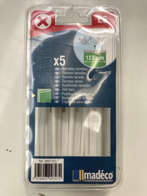 Lot 5 barrettes hautes blanches pour store californien à lamelles verticales 127mm