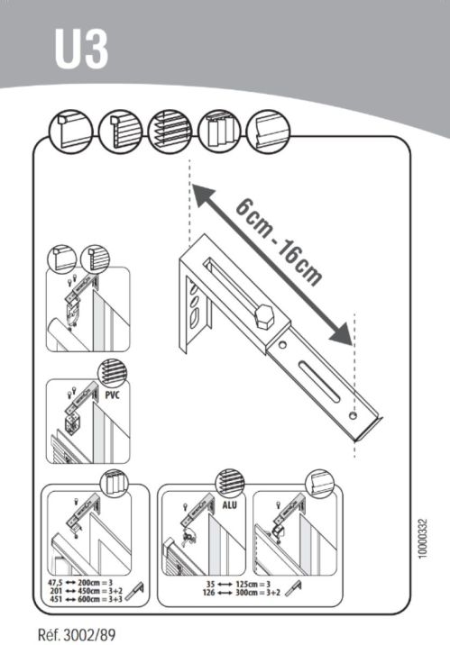 Encart U3 équerres de fixation murales réglables avec déport 6-16cm pour store
